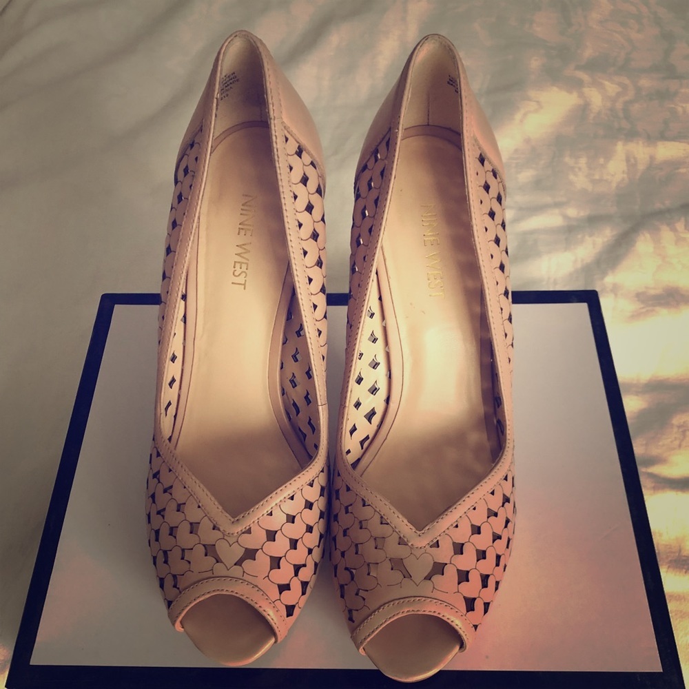 Peep toe platform stiletto shoes heart cut out pattern nude beige neutral basics
